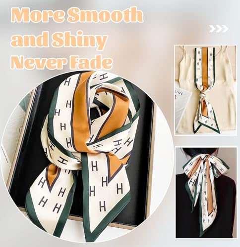 kcctoo 59” Long Silk Like Head Scarf Women's Fashion Square Neck Satin Scarfs for Bag Hair Scarves Gift 59 * 5.9” - color: M1 Green Vertical Bar H 59" X 5.9"