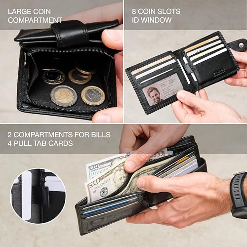 Soft Leather Wallet for Men - Mens Wallet Bifold with Zipper Coin Pocket - Holds Bills, Credit Cards, Coins - Carteras para Hombres Piel - Billeteras de Hombres Cuero Original - RFID Blocking - color: Black