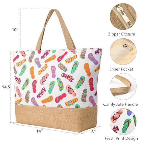 Trifabricy Beach Bag for Women, Large Beach Tote Bags with Zipper, Woven Straw Tote Waterproof, Swim Gym Shopping Travel Bag - color: Slippers