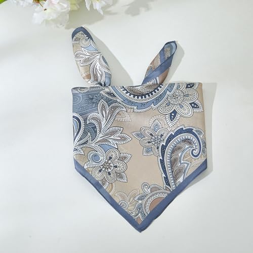 100% Mulberry Silk Neck Scarf 21''x21'' Small Square Hair Scarf for Women Men Lightweight Bandana Envelope Package - color: Cashew- Blue