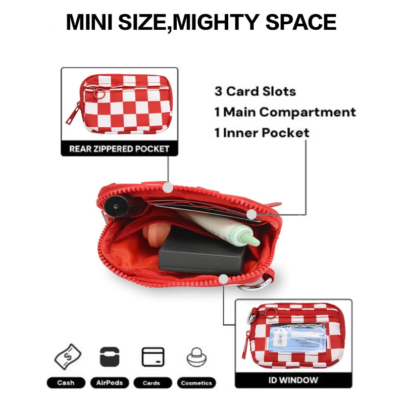 Wristlet Wallet for Women Mini Zip Card Case with Clear ID Window Zipper Coin Purse Lightweight Portable Keychain Wallet - color: Red White
