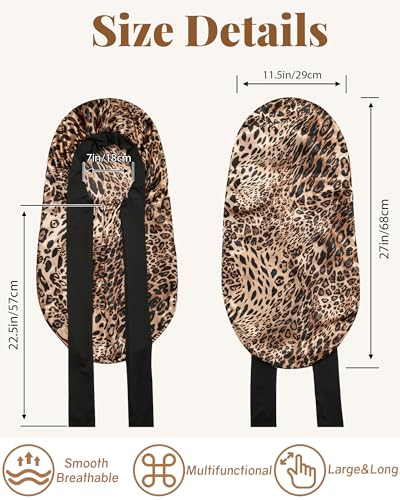 AWAYTR Long Satin Bonnet for Braids - Elastic Silk Hair Bonnets for Sleeping Night Cap Stretchy Tie Band for Women（Leopard） - color: Leopard