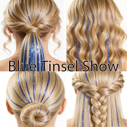 Celinebella Sapphire Blue Hair Tinsel, 48" 1250 Strands Royal Shimmer | Elegant cool sapphire royal blue, premium shimmer, heat resistant, great for 4th of July concerts daily trendy styling - color: 07-Royal Blue, size: 48 Inch Pack of 5Pcs