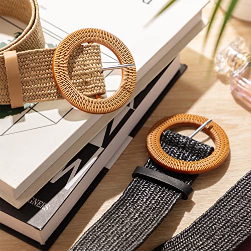 2 Pieces Women Straw Woven Elastic Stretch Waist Belt Skinny Dress Braided Waist Belt with Wooden Style Buckle - color: Black and Khaki