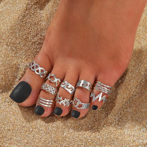INENIMARTJ Gold Toe Rings for Women, Vintage Style Open Ring Set, Adjustable Summer Beach Foot Jewelry - color: Silver