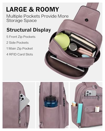 FADEON Large Sling Bag for Women, Leather Crossbody Purse Designer Anti Theft Sling Backpack, RFID Fanny Packs for Travel - color: Purple Retro Style