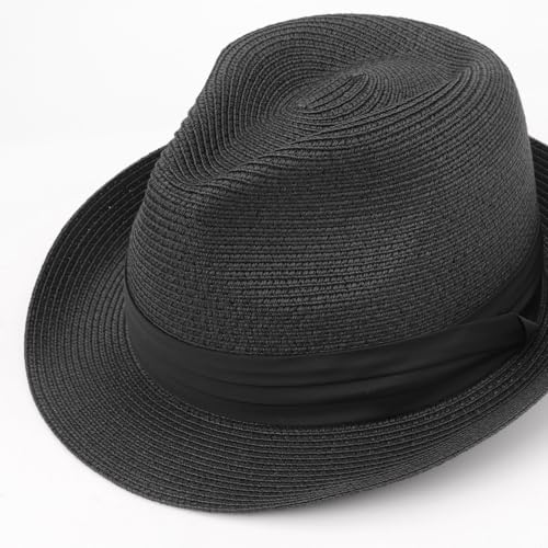 DRESHOW Women Straw Sun Hat Short Brim Panama Travel Fedora Summer Hat Roll Up Beach Cap for Women UPF 50+ - color: 1 Pc Straw Hat: Black (Black Ribbon)