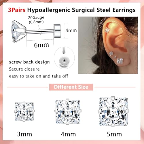 20G Hypoallergenic Surgical Steel Square Pearl Ball CZ Flat Back Stud Earrings for Sensitive Ear, Lightweight Shiny Earrings Studs for Helix Tragus Cartilage Multiple Piercing - color: Silver-A