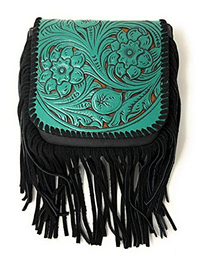 Western Genuine Leather Floral Tooled Fringe Womens Crossbody Bag 3 Color - color: Black/Turq
