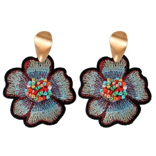 Boho Floral Embroidered Earrings with Colorful Bead Accents and Crystal Center for Women - color: Light Blue