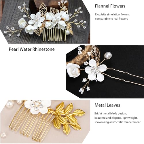 Luxury Floral Hair Clip Set - 4PCS Rose Gold & White Flower Hairs Accessories for Women, Vintage Bridesmaid Hairs Pins, Mother of Bride, Prom, Victorian Hair Decorations - color: White Base