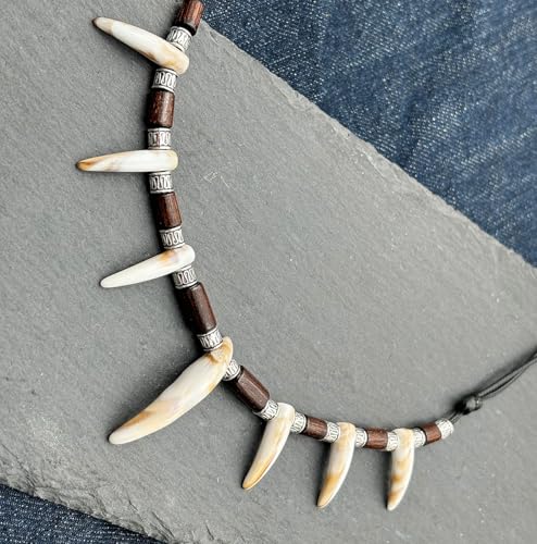 Wolf Wood Beads Tooth Necklace for Men Women Tribal Caveman Adjustable Resin Tooth Pendant Necklace