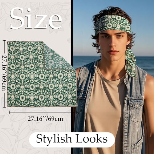 27.16'' Bandanas for Men, Cotton Mens Head Scarf with Flower Pattern Floral Hair Bandana Headband for Daily Casual - color: Green