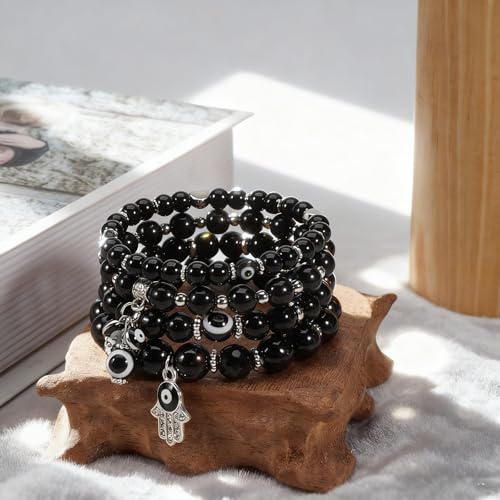 Bohemian Bracelet Sets for Women - 4-Pack Stackable Stretch Bead Bracelets with Black＆White Crystal & Gold Accessories, Multi-Layer Boho Jewelry - color: Color AA-2