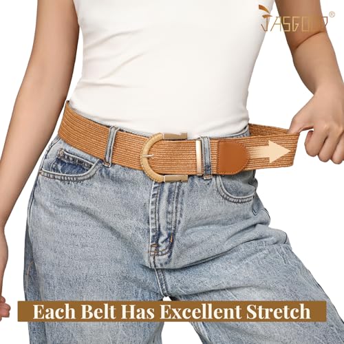 JASGOOD Straw Woven Belt for Women Dresses Boho Elastic Braided Belt Rattan Raffia Belts Ladies Wide Belt,1.97" Width - color: A-brown, size: Fit waist size 35"-40"