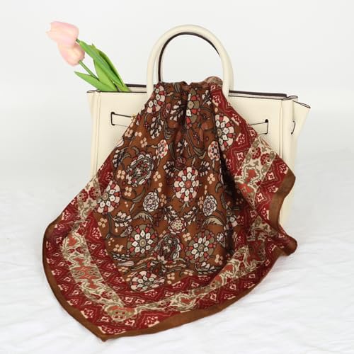 Relang Fashion Silk Satin Head Scarf for Women Hair Bandana Hair Scarf Wrap Neck Scarf for Women 27.5×27.5 inches - color: Brown and Red 02