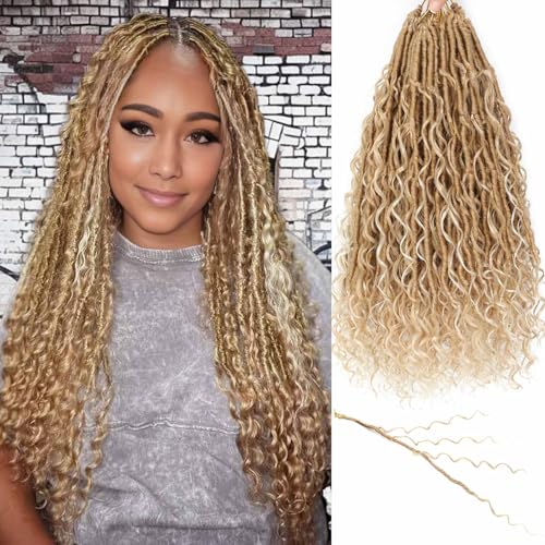 Goddess Locs Crochet Hair 7 Packs Bohemian Faux Locs Pre-Looped Braids, Boho Goddess Soft Locs Crochet Hair with Curly Ends Hair Extensions for Women (27/613, 24 Inch) - color: 27/613, size: 24 Inch
