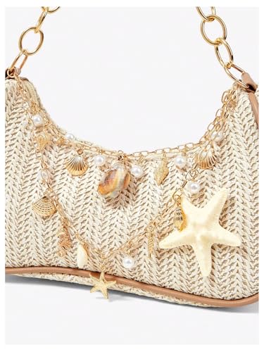 MakeMeChic Women's Straw Beach Purse Seashell Beaded Shoulder Handbags Summer Vacation Bags - color: Multicolor G