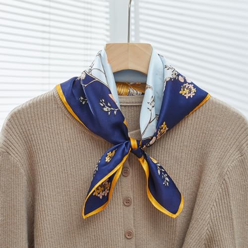 100% Mulberry Silk Neck Scarf 21''x21'' Small Square Hair Scarf for Women Men Lightweight Bandana Envelope Package - color: Shell Flower- Blue