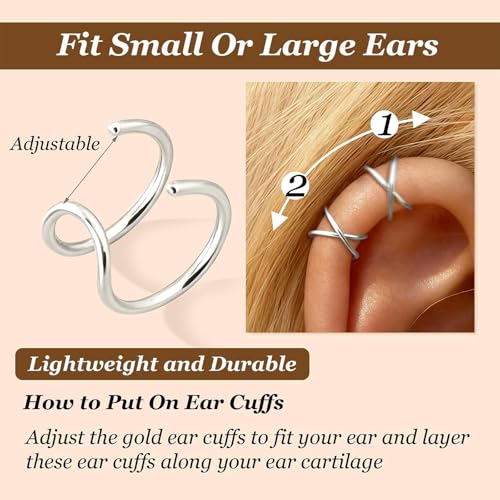 Ear Cuffs Non Piercing 14K Gold Plated Ear Cuff Earrings for Women Trendy Clip on Cartilage Earring Stacks Non Pierced Adjustable Fake Earrings Set Jewelry - color: A1:Silver Ear Cuffs