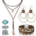 Ecally Bohemian Western Jewelry Turquoise Set Women Country Pendant Long Choker Layered Bracelets Earrings Ring for Women - color: Turquoise, style: Exquisite