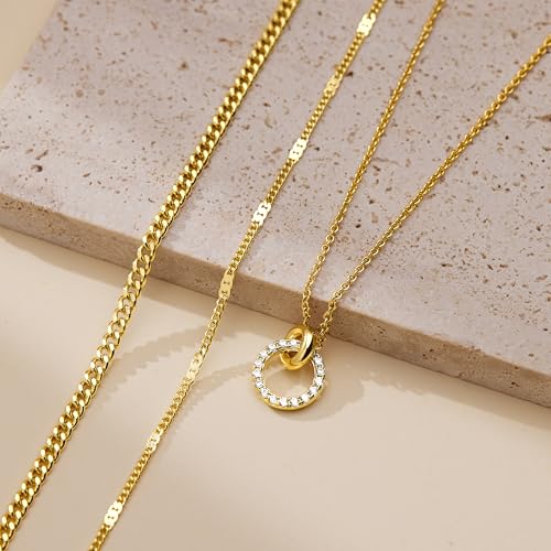 WomenGifts Layered Gold Necklaces for Women, 14K Gold Sterling Silver Plated Dainty Pendant Necklace Set Non Tarnish, Chunky Stackable Cuban Chain Choker, Trendy Birthstone Vacation Jewelry Gift - color: Gold, style: Double Circle