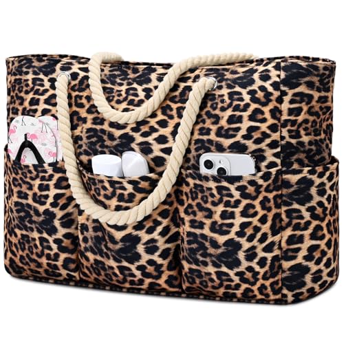 Becokan Beach Bags for Women Canvas Large Beach Tote Bag Zipper Waterproof Sandproof Foldable Swim Pool Bag with 7 Pockets - color: Leopard