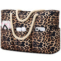 Becokan Beach Bags for Women Canvas Large Beach Tote Bag Zipper Waterproof Sandproof Foldable Swim Pool Bag with 7 Pockets - color: Leopard