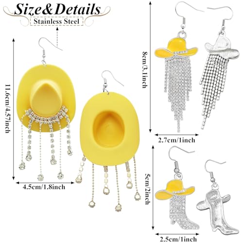 RechicGu 3 Pairs Western Cowgirl Cowboy Hat Earrings Set Silver Symmetric Boots Sparkly Rhinestone Tassels Drop Dangle Rural Culture Earrings Set For Women - color: Silver Boots,Yellow Hat