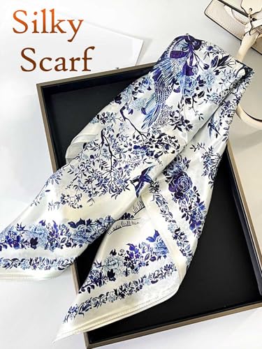 Silky Scarf for Women Lightweight Satin Bandanas Neck Hair Wrap For Sleeping Head Scarves 27.5" - color: A19 Beige Blue Pattern/27.5"
