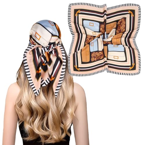 Relang Fashion Silk Satin Head Scarf for Women Hair Bandana Hair Scarf Wrap Neck Scarf for Women 27.5×27.5 inches - color: Bag Pattern Brown Striped Edge