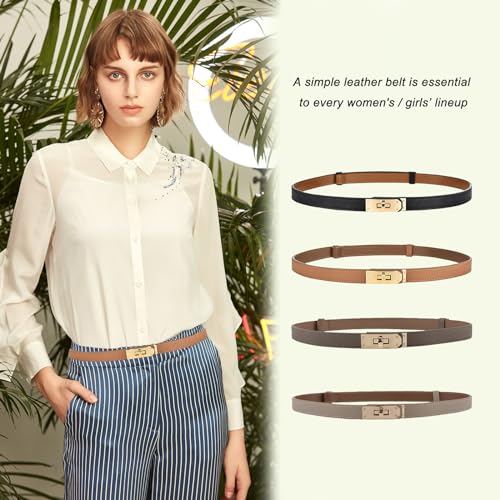 Ovekaut Women Skinny Leather Belt Solid Color Alloy Turn Lock Adjustable Waistband for Dresses Jeans Coats - color: Dark Blue / Gold