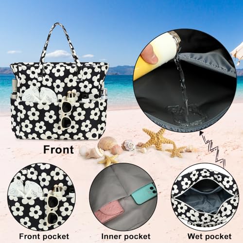 Bluboon Waterproof Beach Tote Pool Bags for Women Ladies Extra Large Carry On Bag With Wet Compartment for Weekender Travel - color: Beige Flower With Black Background