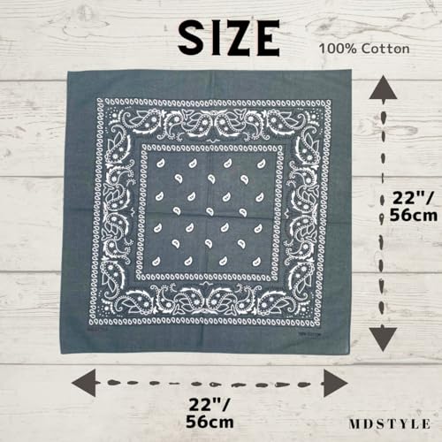 MDSTYLE 100% Cotton Bandana for Men & Women 22" x 22" Paisley Pattern Handkerchief Headband Scarf - color: Grey