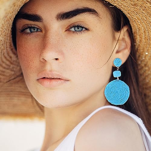 Boho Raffia Ball Earrings for Women, Handmade Statement Drop Earrings Straw Dangle Earrings Beach Vacation Jewelry - color: Sky blue
