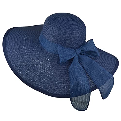 DRESHOW Beach Hats for Women Big Straw Wide Brim Summer Hat Floppy Foldable Roll up Cap Sun Hat UPF 50+ - color: Big Bow / Navy 5.9" Brim, 1 Pack
