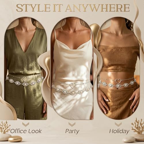 Florideco Waist Chain Belt for Women, Layered Belly Chain, Waterproof Boho Pearl Concho Cuban Body Chain, Adjustable Summer Beach Coachella Fashion Jewelry for Jeans Dresses - style: Silver Plated-Concho Chain