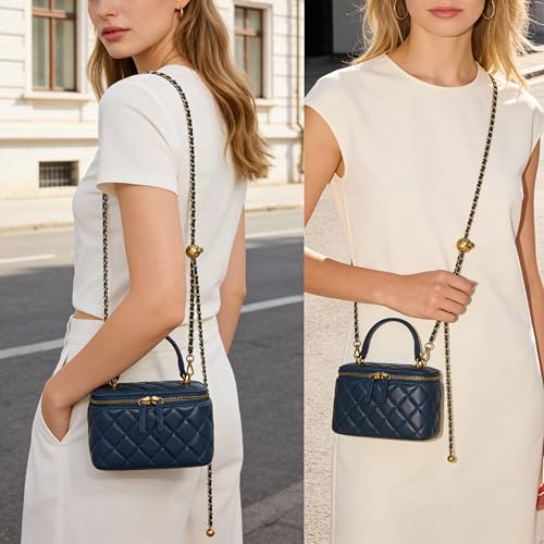 DORIS&JACKY Small Quilted Box Crossbody Purse For Women, Designer Lambskin Leather Mini Top Handle Tote Bag With Chain Strap - color: 4-blue