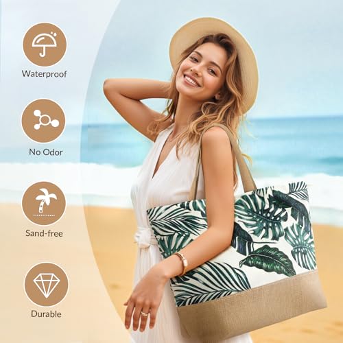 Trifabricy Beach Bag for Women, Large Beach Tote Bags with Zipper, Woven Straw Tote Waterproof, Swim Gym Shopping Travel Bag - color: Navy Leaves
