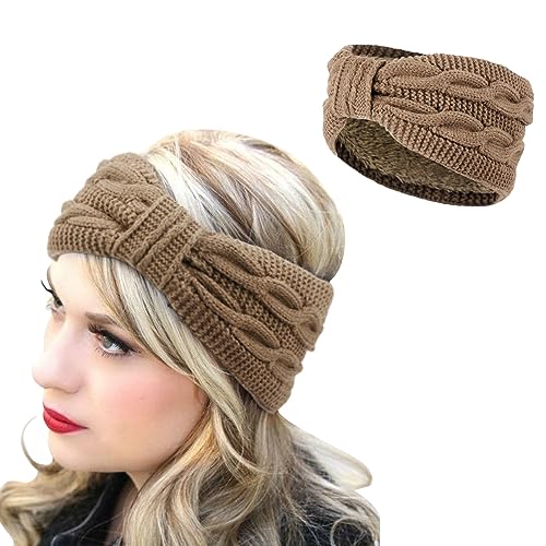 DRESHOW Crochet Ear Warmer Headband Soft Knit Chunky Turban Stretch Thick Headbands Warmer Fuzzy Head Wrap for Women - color: 1 Pc Double Twist: Khaki