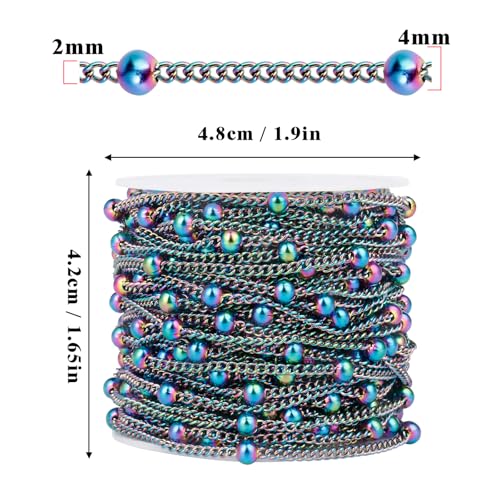 33 Feet Multicolor Satellite Bead Chains, 2mm 304 Stainless Steel Rainbow Ball Beaded Twisted Curb Chain Spool Bulk for Jewelry Making DIY Craft - color: Colorful Big Beads Satellite Curb Chain