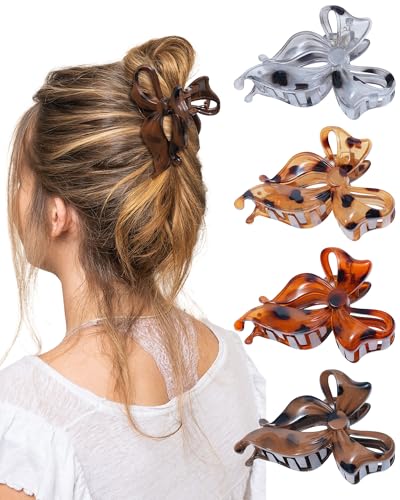 4 PCS Bow Hair Clips Bow Claw Clip for Women, Large Hair Claw Clips for Thin Thick Hair (Leopard(Deep coffee+light yellow+orange+light gray)) - color: Leopard(Deep coffee+light yellow+orange+light gray)