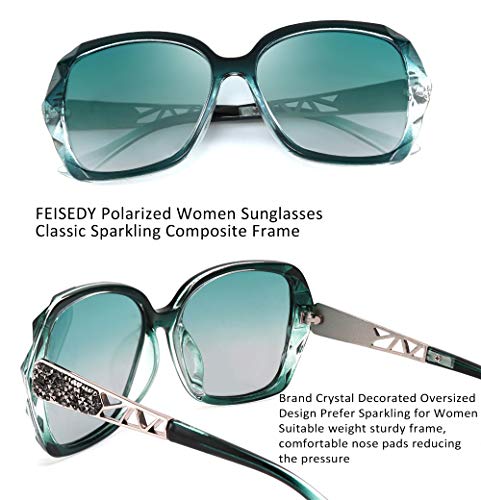 FEISEDY Polarized Women Square Sunglasses Sparkling Composite Shiny Frame B2289 - color: Emerald Green