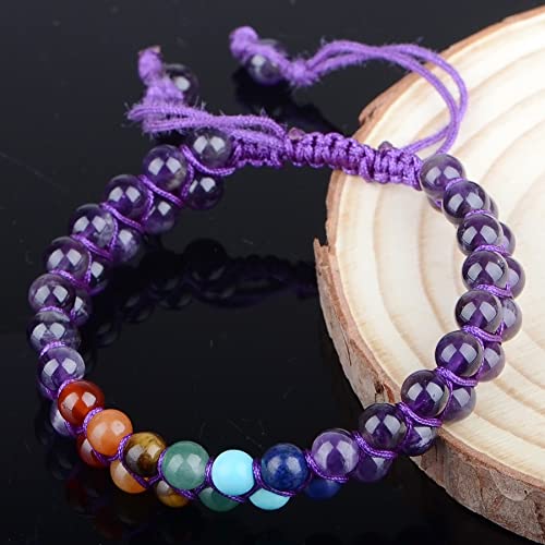 MASSIVE BEADS Double Layer Natural Chakra Healing Power Crystals Macrame Bracelet Yoga Stone Beads Gemstone Meditation Relax Anxiety Bangle for Unisex Women Men - color: 7-Chakras&Amethyst, size: 4mm