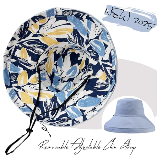vidsel Womens Sun Hats Wide Brim Reversible Bucket Cotton Hat Packable Summer Travel Cap with Hat Clip,UV Protection - color: Blue2, size: Medium