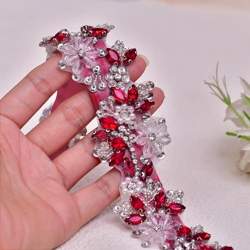 Rhinestone Wedding Bridal Belt for Women Formal Dress Handmade Crystal Beading Wedding Sash Belt - color: Red