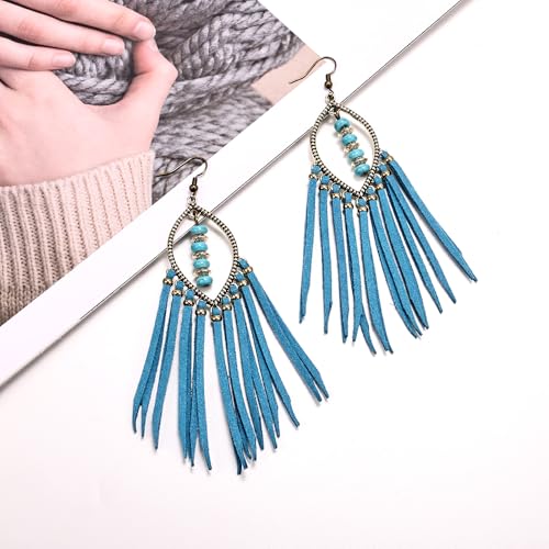 Long Bohemian Fringe Leather Earrrings Handmade Tassel Earrings with Turquoise Christmas Long Dangle Earrings for Women rodeo jewelry - color: 9