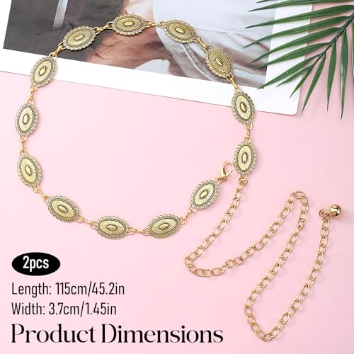 2 PCS Western Concho Belts for Women, Metal Chain Belt for Women Gold Coin Adjustable Cowgirl Belts, Boho Waist Dancers Belt with Silver Gold Colors for Dresses Jeans Country Concert