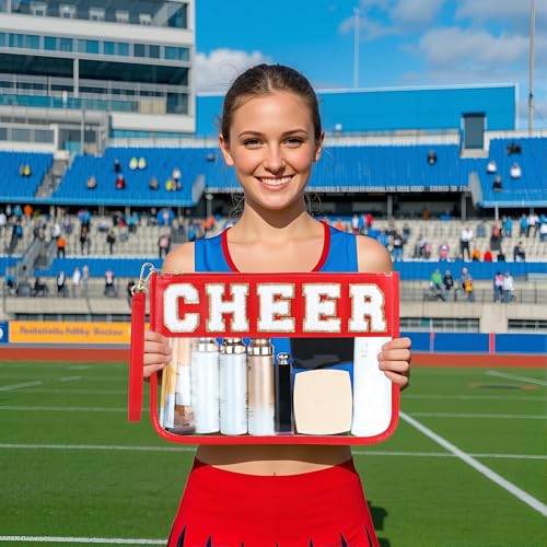 BuyCard Cheer Chenille Letter Bags Clear Makeup Bag, Cheerleader Gifts Cosmetic Bag, Varsity Preppy Patch Flat Pouch Cheer Accessories, Waterproof PVC Organizer Toiletry Bag for Women Girls Red - color: Red-Cheer