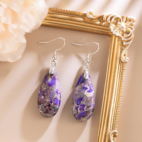 Stone Drop Earrings for Women Earrings Teardrop Jasper Stone Dangle Earrings - color: Brownish Purple-Silvery Hook